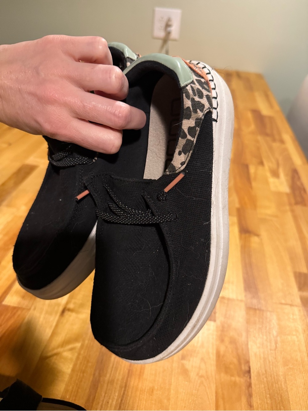 Hey Dude Black Canvas Slip-On Sneakers with Leopard Accent and Mint Heel - Picture 4 of 4